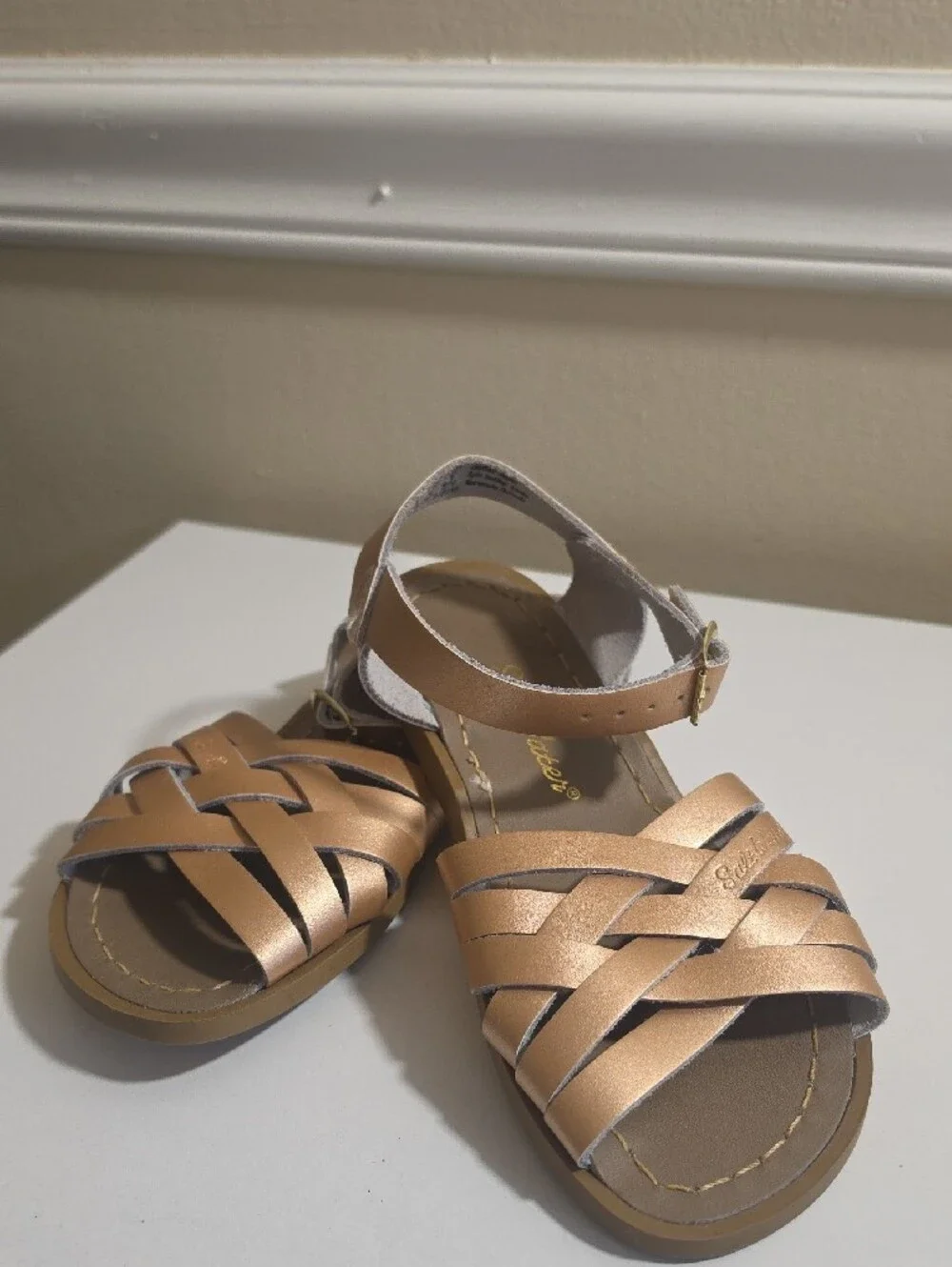 Salt Water Sans Braided Leather Metallic  Rose Gold Ankle-Strap Sandals Sz 1